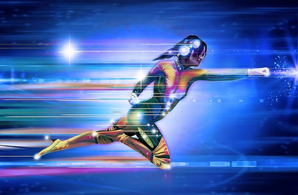 an animated image of a superhero flying through the air